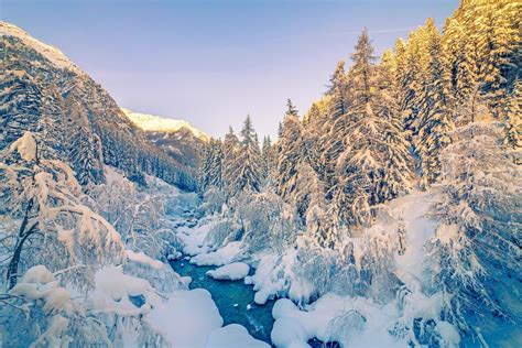 Alps, Sunrise, Winter, Mountain, Forest, Snow, River, White, Landscape, Nature Wallpapers HD ...