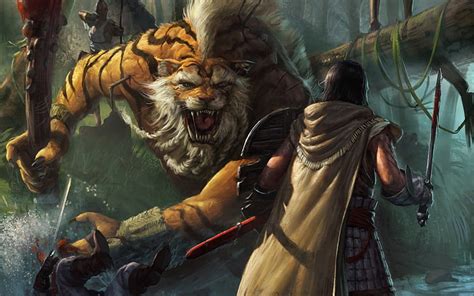 1600x900px | free download | HD wallpaper: knight fighting tiger ...