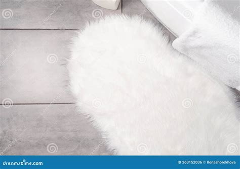 Fluffy White Rug in Ordinary Bathroom, Mockup Design Stock Photo ...