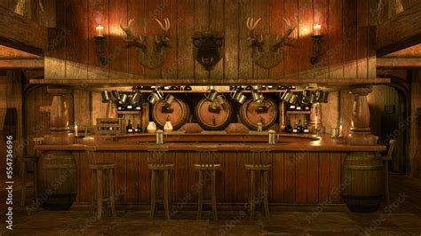 Medieval tavern bar with barrels of ale, cider and mead lit by candlelight. 3D rendering. Stock ...