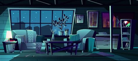 Free Vector | Cartoon illustration of modern living room at night.