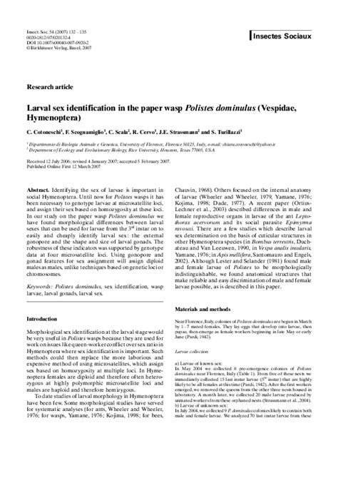 (PDF) Larval sex identification in the paper wasp Polistes dominulus (Vespidae, Hymenoptera ...