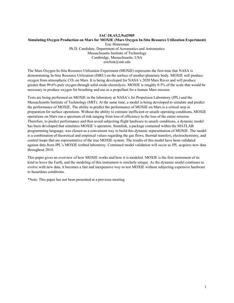 (PDF) Simulating Oxygen Production on Mars for MOXIE (Mars Oxygen In-Situ Resource Utilization ...