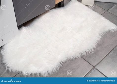 Fluffy White Rug in Ordinary Bathroom, Mockup Design Stock Photo ...