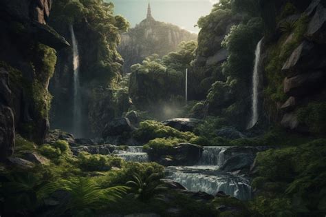 Premium AI Image | A waterfall in a forest with a mountain in the background