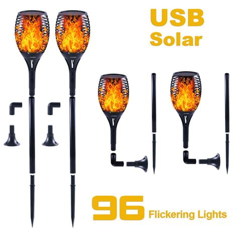 LED Solar Torch Light - 96 LED Flickering Flame Tiki Torches Lights w ...