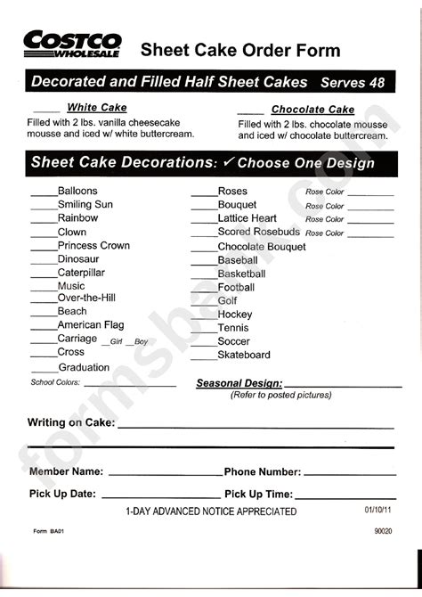 Form Ba01 - Sheet Cake Order Form - Costco printable pdf download