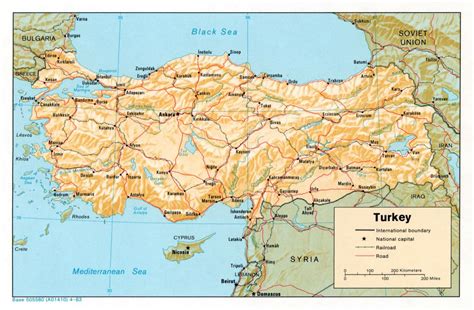 Large detailed political map of Turkey with relief, roads, railroads and major cities - 1983 ...