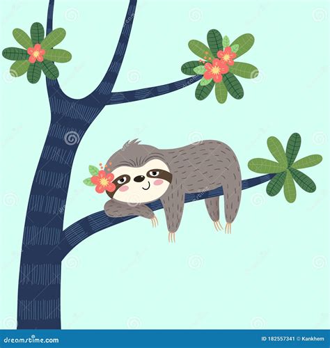 A Lazy Sloth Sleeping on the Tree Stock Vector - Illustration of greeting, hanging: 182557341