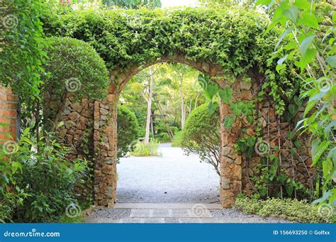 Stone Arch Entrance Gate Covered with Ivy. Archway To the Park Stock Photo - Image of lawn ...