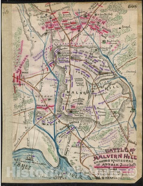 Historic 1862 Map - Battle of Malvern Hill Showing Magruder's 1st Atta ...