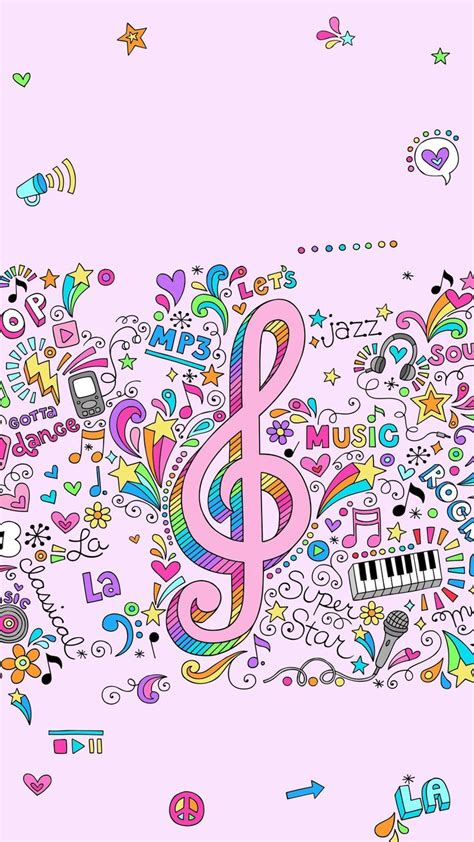 the music note is surrounded by musical notes and other colorful symbols on a pink background