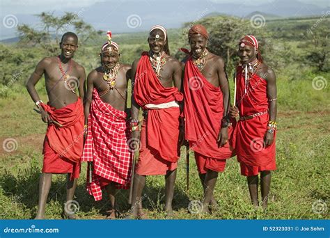 Group Portrait of Five Masai Warriors in Traditional Red Toga at Lewa ...