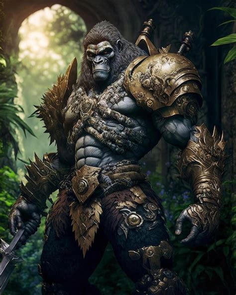 Premium Photo | A gorilla with a sword in his hand stands in a forest.