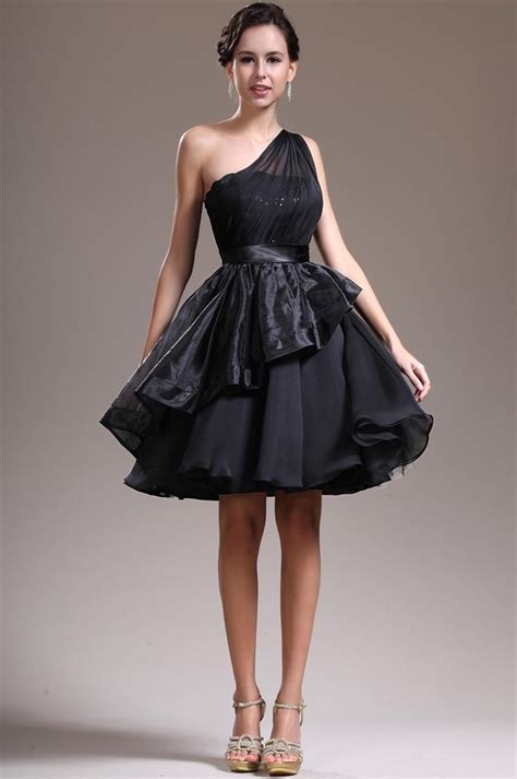 Elegant Black One Shoulder Prom Dresses 2015 Knee Length Organza Sleeveless A Line … | Little ...