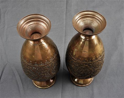 Antique Copper Vases, Persian Huma Bird, Embossed Vase, Ornate Urn Shape, Birds of Paradise ...