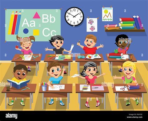 Happy kids or children sitting at desk in the classroom at school Stock ...