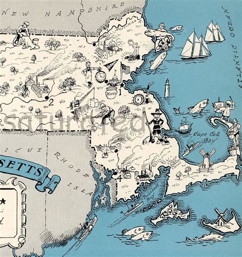 Massachusetts Map Vintage Map Art High Res DIGITAL IMAGE Fun 1930s Charming Vintage Picture Map ...