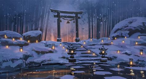 1080P, forest, lake, winter, snow, lantern, anime, torii, Surendra ...