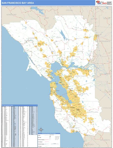 Bay Area California Zip Code Wall Map (Basic Style) by MarketMAPS - MapSales