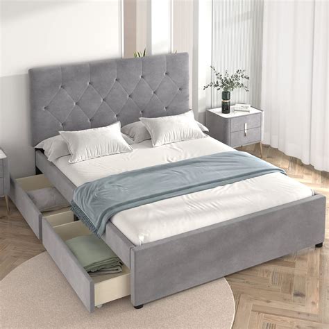 Julian Double Bed Frame With Pull-out Storage Drawers Grey Velvet Daals ...