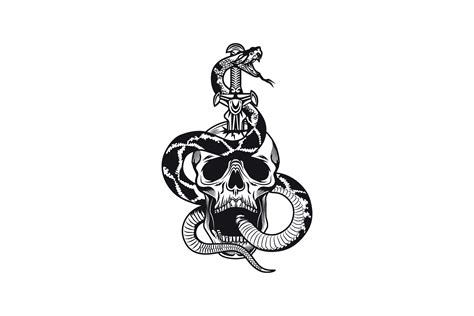 Tattoo Design with Snake and Skull. Mono Graphic by pch.vector · Creative Fabrica