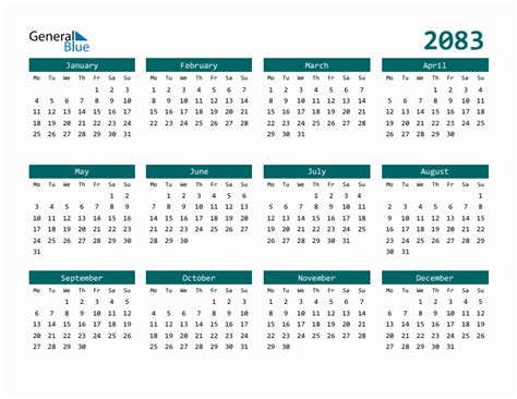 2083 Yearly Calendar Templates with Monday Start