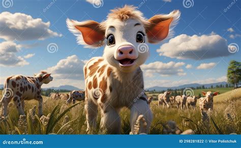 Spotted Cow Calf in the Field Smiling - Children S Illustration 4 Stock ...