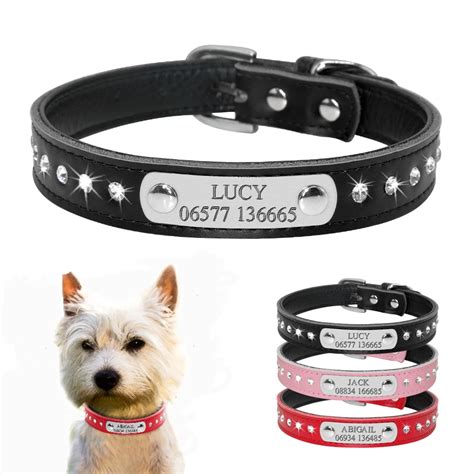 Personalized Custom Leather Dog Collars Padded Adjustable Metal Buckle Pet ID Tags Dog Collar ...