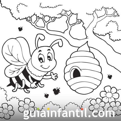 Dibujo para colorear de una abeja y un panal en primavera