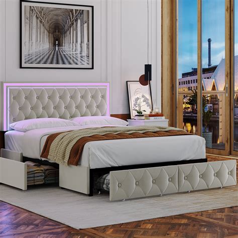 Homfa Full Velvet Beige Bed with LED Lighting, 4 Drawers Storage, Remote Controlled, Tufted ...