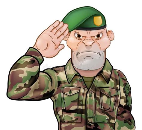 Illustration about A tough looking saluting soldier cartoon character wearing a green beret ...