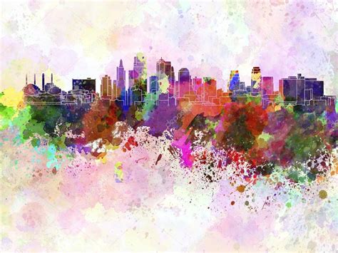 Kansas City skyline in watercolor background Stock Illustration by ©paulrommer #43354787