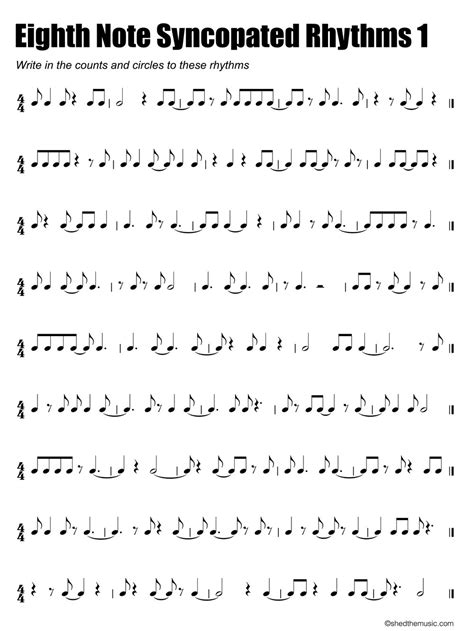 Syncopated eighth note rhythm worksheet — The Shed