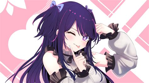 purple hair, purple eyes, Oshi no Ko, tongue out, star eyes, blushing ...