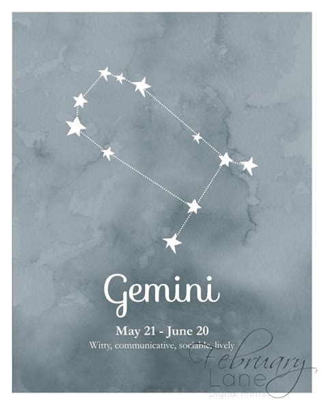 Gemini Zodiac Constellation Wall Art Printable 8x10 Instant - Etsy