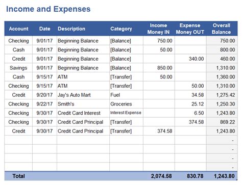 Income and Expense Tracking Worksheet