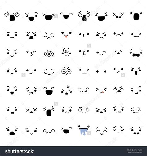 Set of cute lovely kawaii emoticon. Doodle cartoon face in childlike manga cartoon style ...