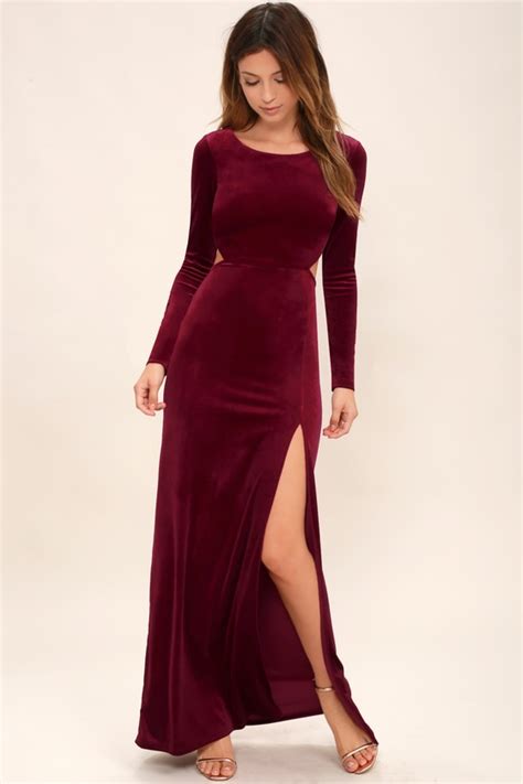 Sexy Burgundy Dress - Maxi Dress - Velvet Dress - Long Sleeve Dress ...