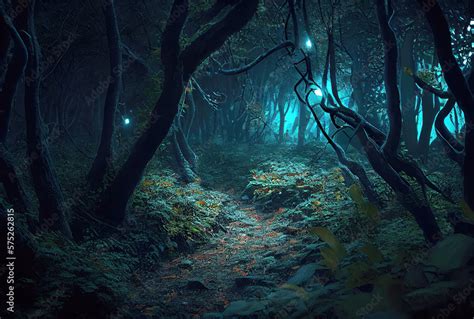 Dark spooky enchanted forest with glowing light on the path background. Halloween and Fairytale ...