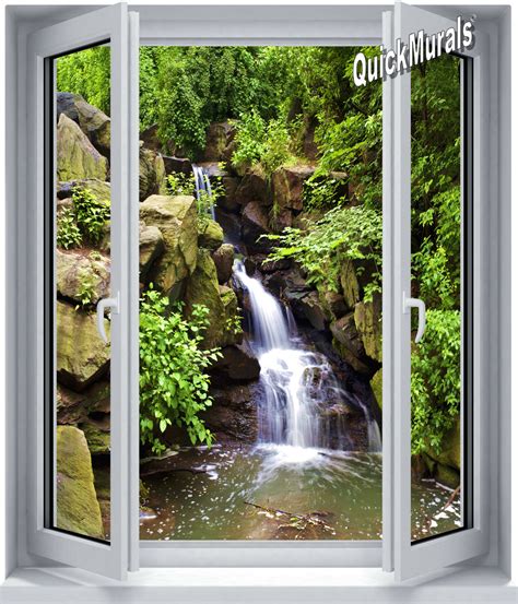 Black Forest Waterfall Window 1-Piece Peel & Stick Canvas Wall Mural