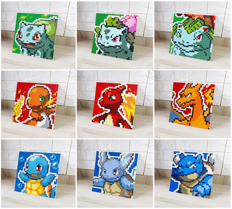 Generation 1 Starters / Pokemon Pixel Art Portraits 10x10 / Pixel Puzzle / Wall Portrait Decor ...