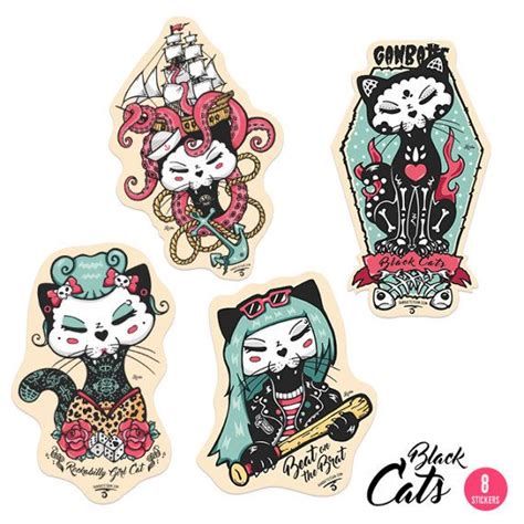 four stickers with cats on them in different colors and designs, one has a pirate ship