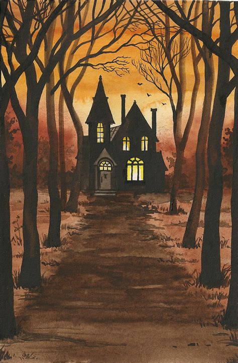 4X6 PRINT OF HALLOWEEN PAINTING RYTA HAUNTED HOUSE VINTAGE STYLE MANOR ...