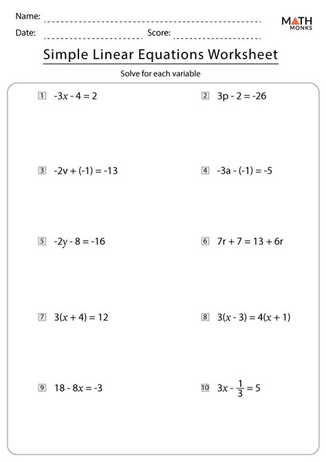 Linear Equations Worksheets with Answer Key