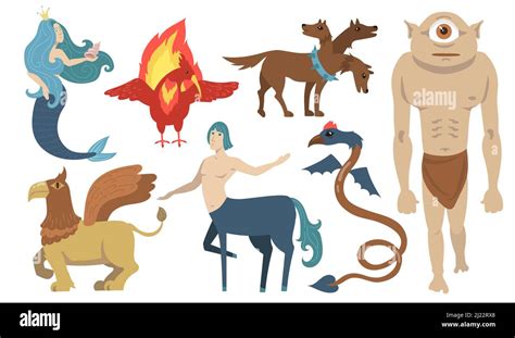 Mythical creatures characters set. Flying lion, cyclops, griffin ...