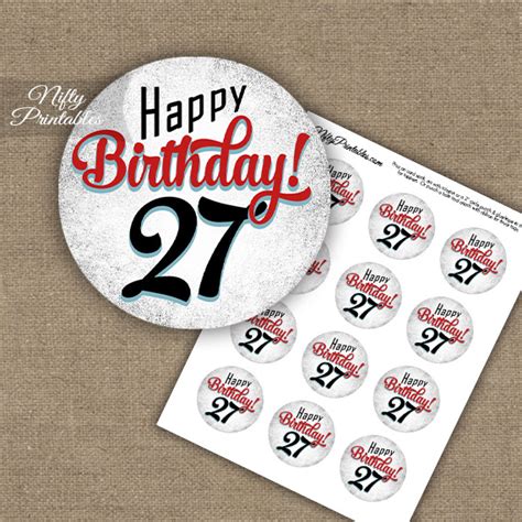 27th Birthday Cupcake Toppers - Retro White Red - Nifty Printables