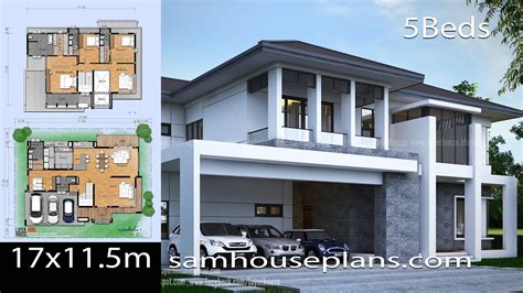 House Plans Idea 17x11.5m with 5 Bedrooms - SamHousePlans