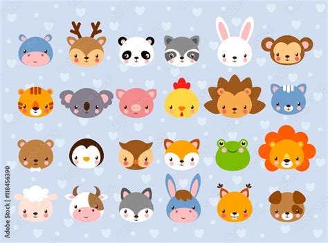 Big vector set with animal faces. Collection of cute baby animals in ...