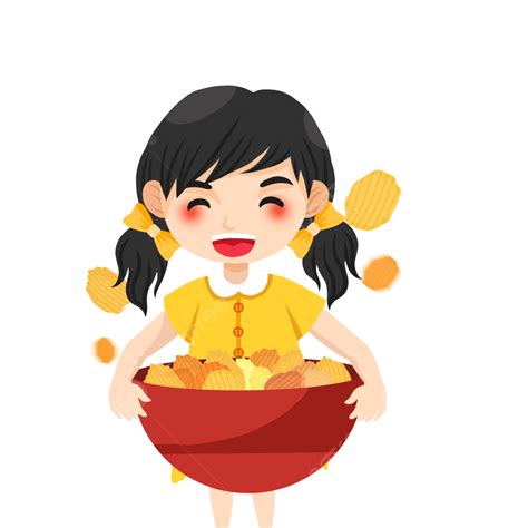 Potatoes Chips PNG Picture, Hand Drawn Design Of A Girl Eating Potato Chips, Hand Draw, Cartoon ...